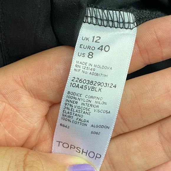 Topshop Black Lace Dress Size 12 Waist Tie Back Crop Sleeves Skater - Picture 9 of 11